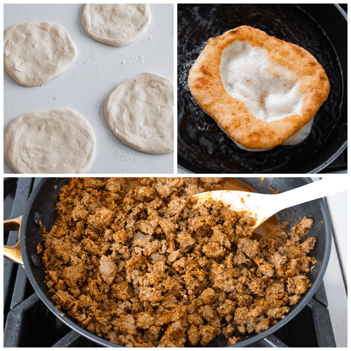 Collage of the wraps being fried and the ground beef being browned in a skillet. - Chalupas