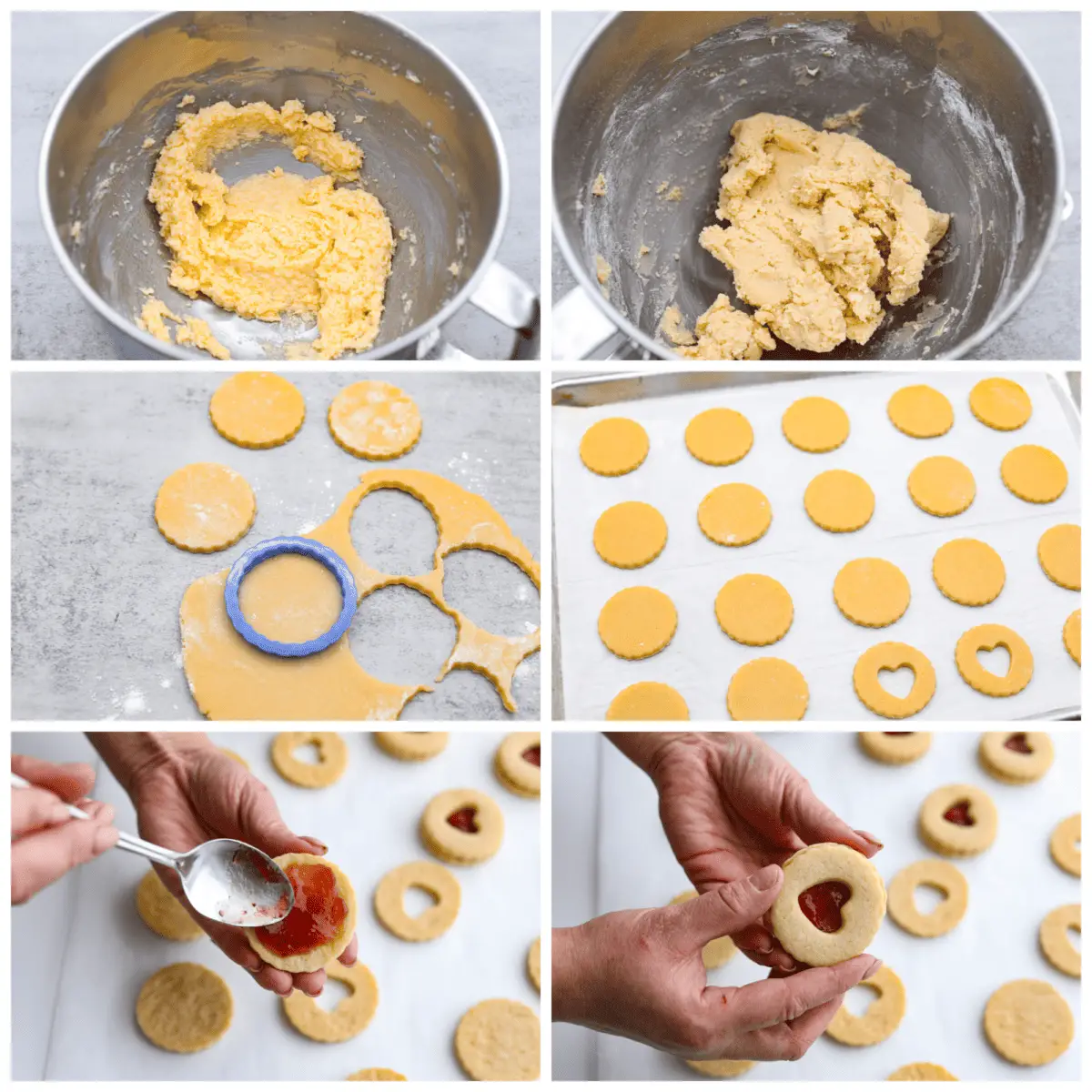 6-photo collage of jammie dodger cookies being prepared. - Jammie Dodgers