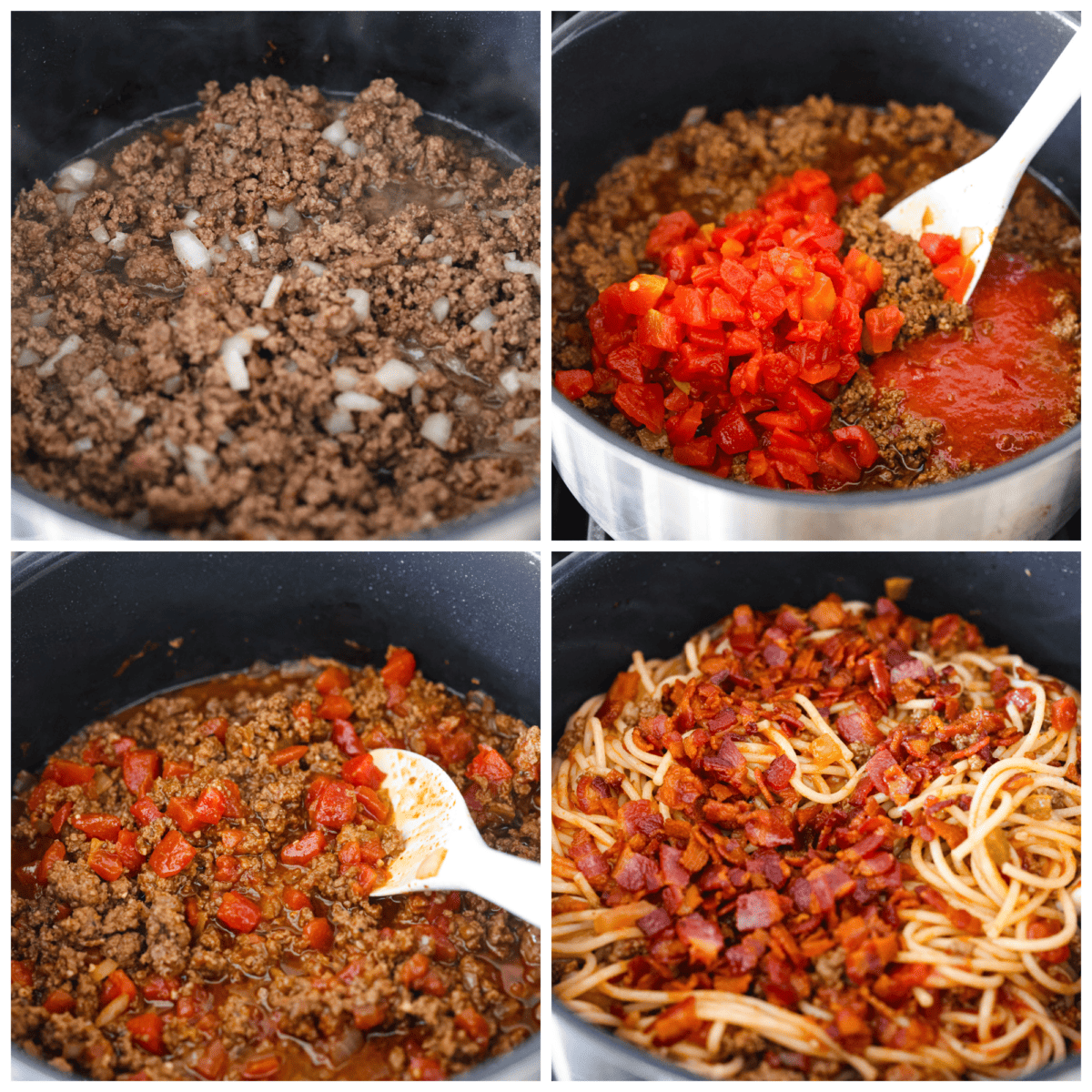 4-photo collage of the ground beef mixture being prepared and combined with the pasta. - Cowboy Spaghetti